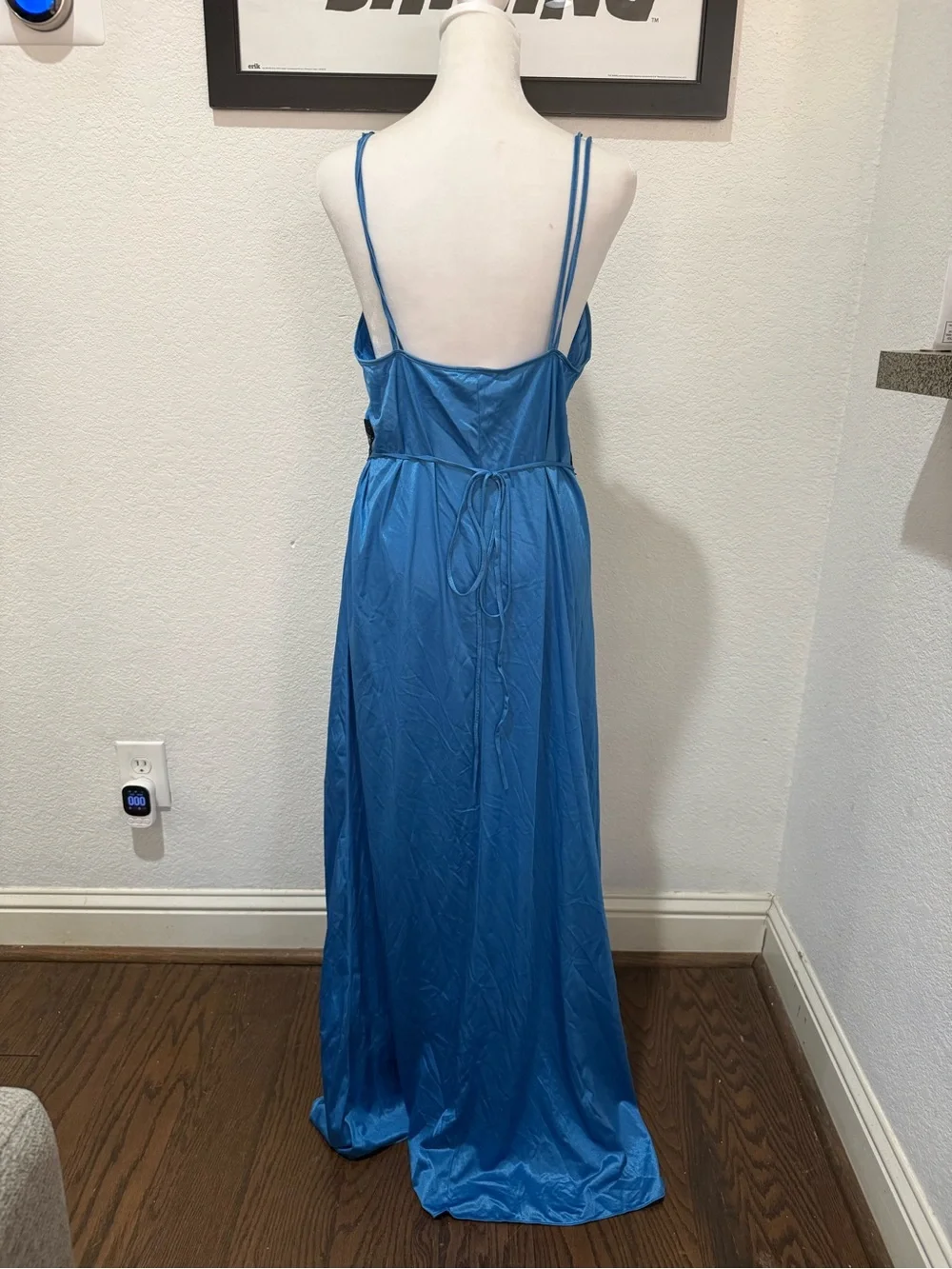 Vintage Diane Von Furstenberg Blue Maxi Slip Dress with Black Lace Trim
